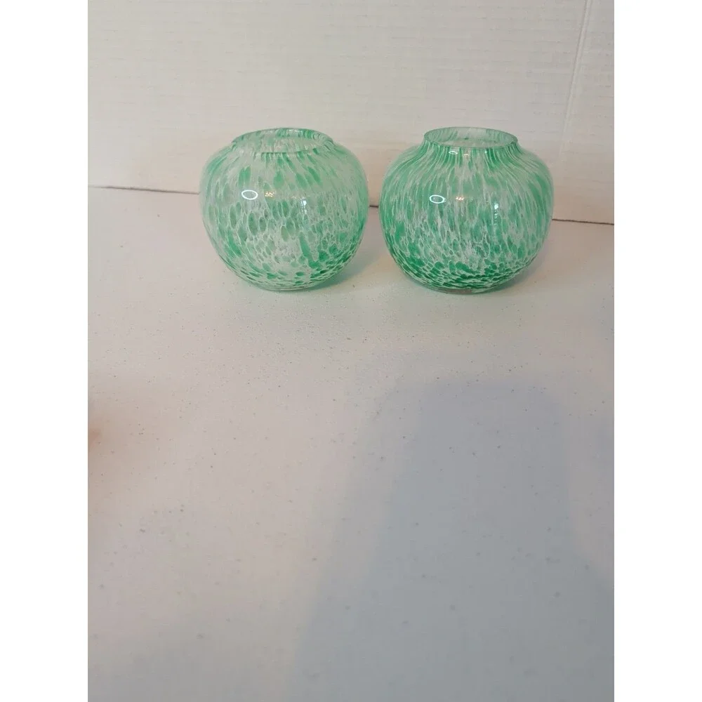 VTG Murano Arte Glass Hand Blown Green Swirl Vases Set Of 2